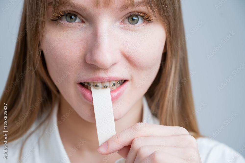 Young woman with metal braces on her teeth is chewing gum. The girl is eating gummy candy