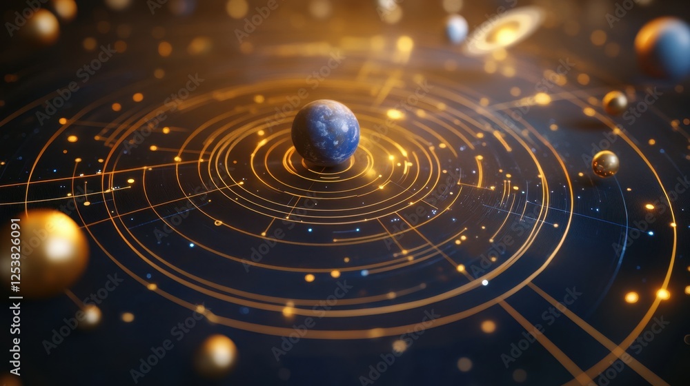 Fototapeta premium A 3D graphical birth chart showing the planets orbiting the zodiac circle, with energy lines connecting each house.