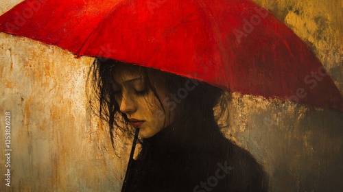 Sad woman under red umbrella in rain.