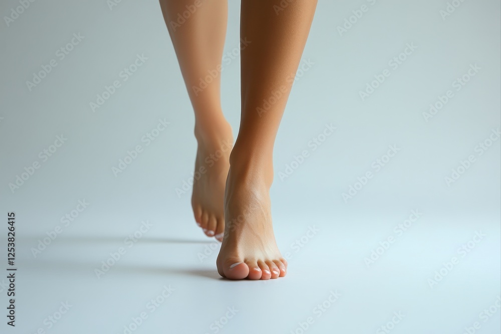 Walking gracefully bare feet on smooth surface indoor studio setting minimalist aesthetic emphasizing movement