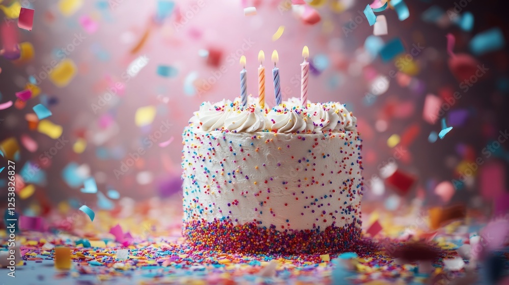 Colorful birthday cake with candles surrounded by confetti and party decorations Colorful birthday cake with candles surrounded by confetti and party decorations