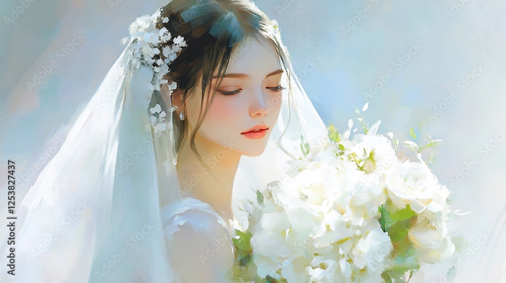 Obraz premium Serene bride with eyes closed, holding white flowers, wearing veil and hairpiece.