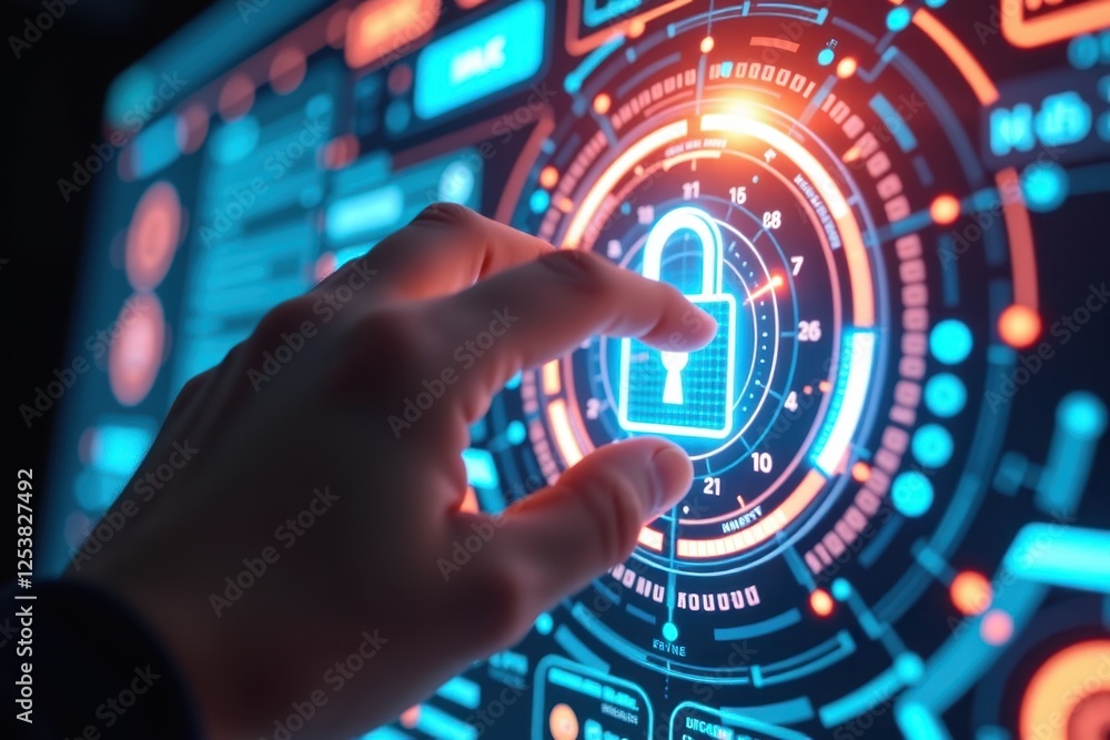 A high-tech digital padlock being unlocked by a fingerprint, set against a futuristic technology-themed background. The glowing biometric scanner highlights advanced security A high-tech digital padlock being unlocked by a fingerprint, set against a futuristic technology-themed background. The glowing biometric scanner highlights advanced security
