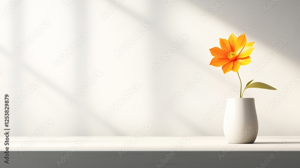 A bright orange flower in a sleek white vase sits on a minimalist shelf, illuminated by soft light, This image can enhance home decor, floral arrangements, or wellness themes in design projects,
