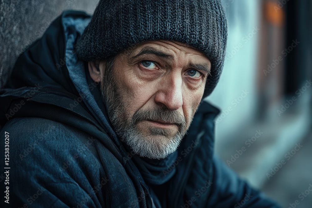 Homeless Man Sitting on a City Street at Night, Emotional Social Issue Photography Homeless Man Sitting on a City Street at Night, Emotional Social Issue Photography