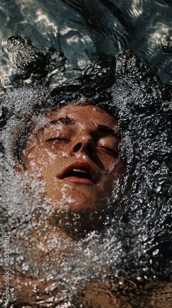 Fototapeta premium Man submerged in water capturing a moment of tranquility and reflection during a serene swim