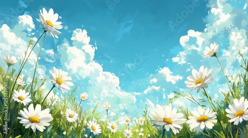 Bright daisies bloom under a vivid blue sky with fluffy clouds in a vibrant spring field