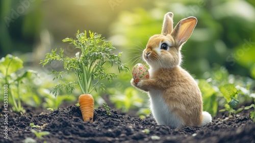 Cute rabbit holding a colorful egg beside fresh carrots in a vibrant garden during springtime