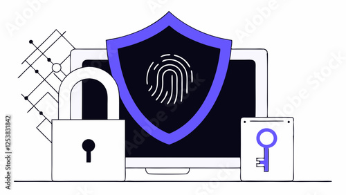 A digital security concept is depicted, featuring a computer monitor, shield with a fingerprint, lock, and key. The design implies protection and secure access in technology environments.AI