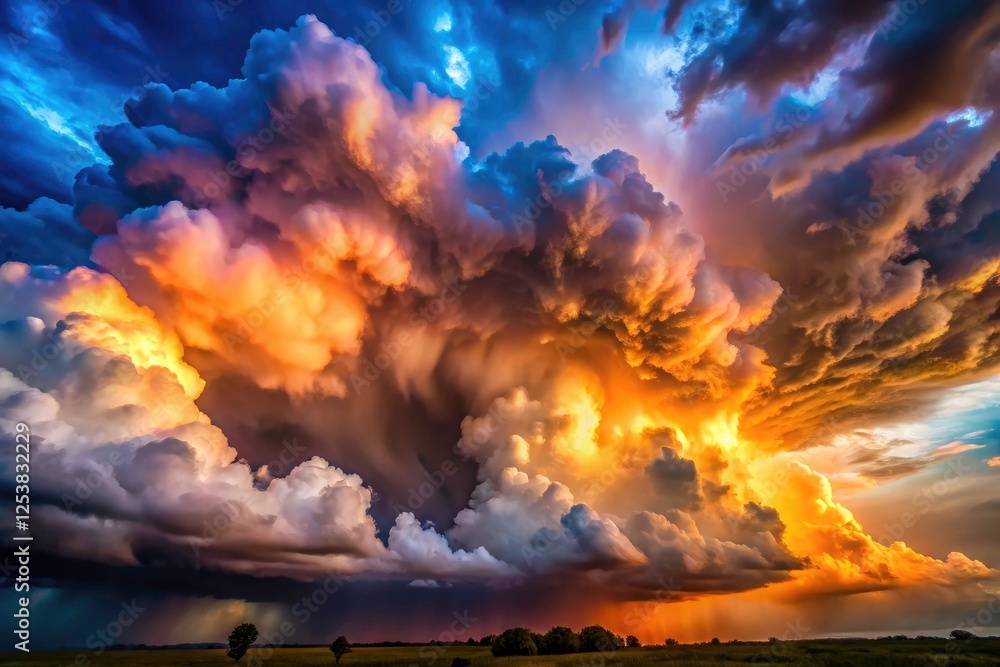 Naklejka premium Dramatic summer thunderstorm; dark, puffy cloudscape, bokeh effect, abstract stormy sky photography.