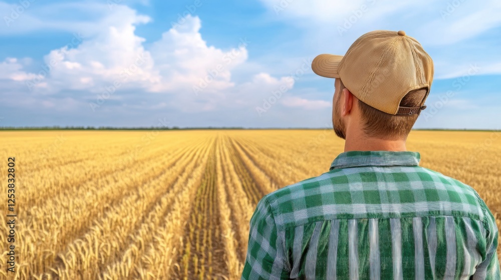 A farmer tending to his field in rural Canada, golden wheat fields stretching endlessly A farmer tending to his field in rural Canada, golden wheat fields stretching endlessly