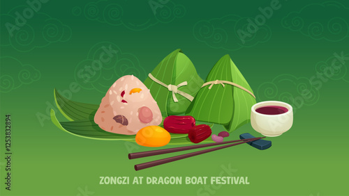 Zongzi is a traditional Chinese food made from sticky rice with various fillings, wrapped in bamboo leaves. Vector illustration
