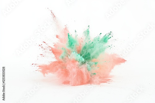 An explosion of vivid pink and green powder creates an abstract representation of color, energy, and creativity, evoking feelings of joy and enthusiasm.