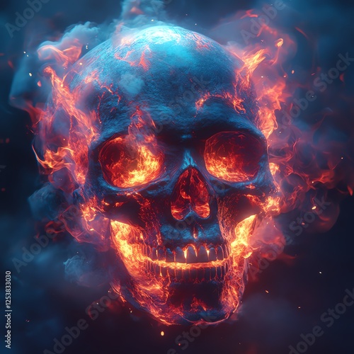 A striking skull enveloped in fiery flames, symbolizing the duality of life and death. This captivating image explores themes of mortality and the transcendent nature of existence. photo