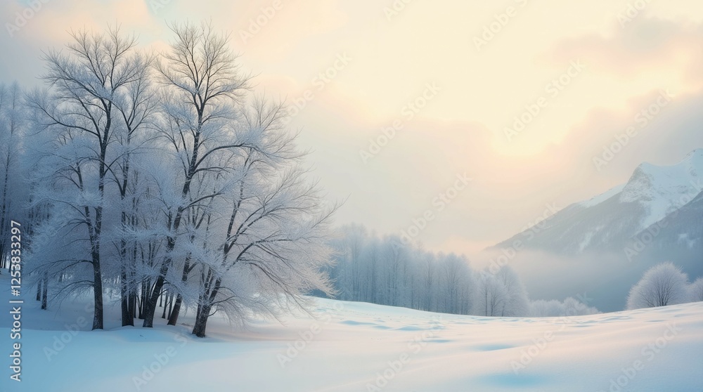 Fototapeta premium A snowy field with a few trees in the foreground. The sky is cloudy and the sun is setting