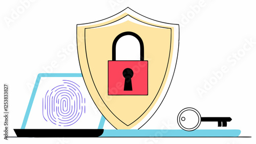 A shield with a lock symbol is positioned between a laptop displaying a fingerprint and a key. The composition suggests themes of digital security and protection.AI