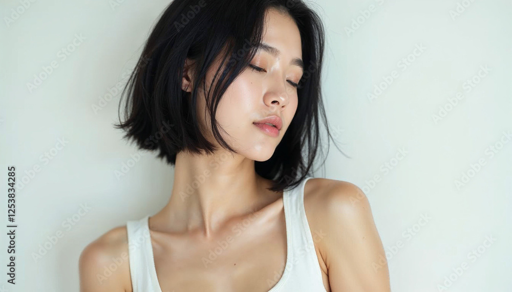 beautiful asian woman with eyes closed, side view, wearing tank top, beauty and woman, clean background. beautiful asian woman with eyes closed, side view, wearing tank top, beauty and woman, clean background.