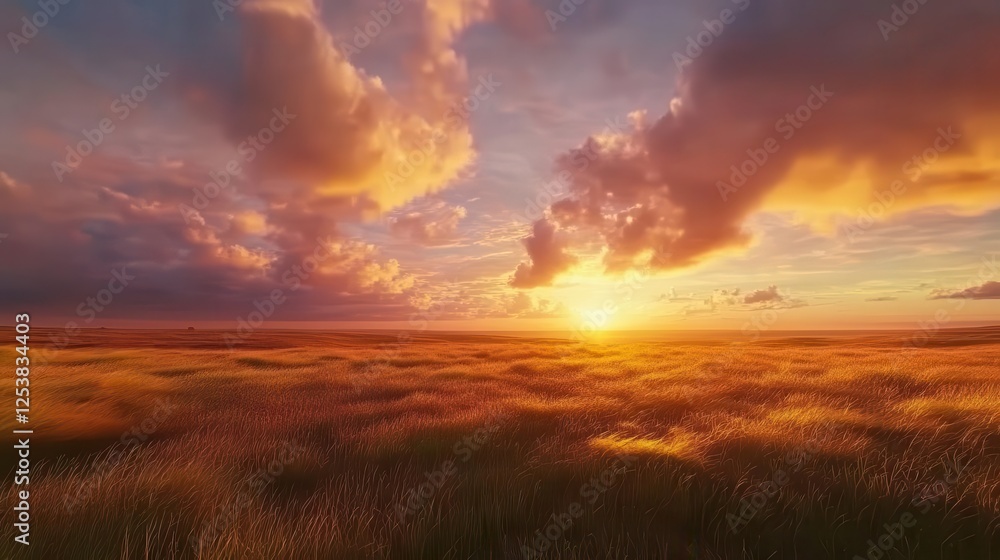 Majestic Sunset Over Rolling Fields with Dramatic Cloud Formations and Golden Light Majestic Sunset Over Rolling Fields with Dramatic Cloud Formations and Golden Light