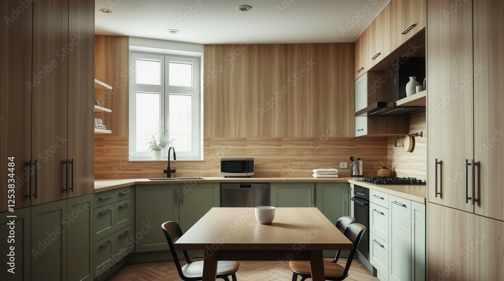 A kitchen with a wooden counter and a table with two chairs. The table has a bowl and a cup on it A kitchen with a wooden counter and a table with two chairs. The table has a bowl and a cup on it