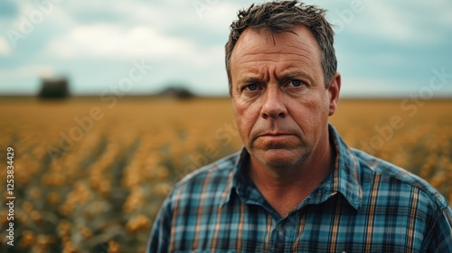 Farmer in plaid shirt stands in a sparse soybean field, worried about feeding issues