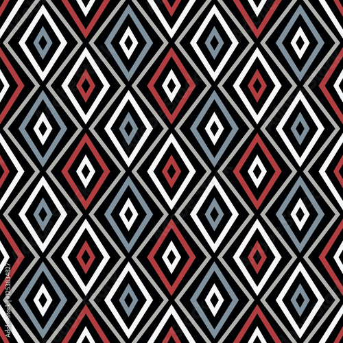 Seamless lozenge pattern featuring a modern ethnic design with multicolored concentric diamond-shaped elements set against a black background. Abstract geometric style. Vector illustration.