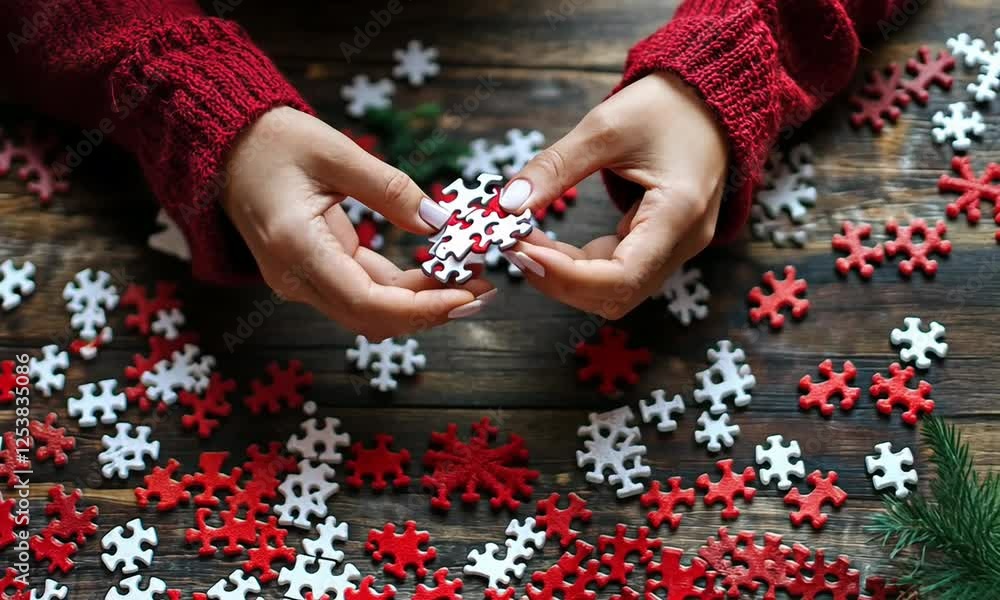 A person assembling a red and white puzzle on a wooden table surrounded by festive decorations A person assembling a red and white puzzle on a wooden table surrounded by festive decorations