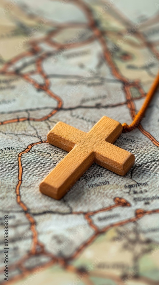 Naklejka premium Wooden Cross on Antique Map Journey