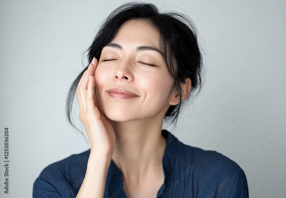 Relaxed asian female enjoying skincare with eyes closed Relaxed asian female enjoying skincare with eyes closed