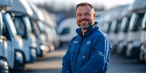 Smiling caucasian male adult in blue jacket standing among white vehicles