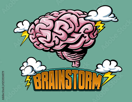 Cartoon Brain with Lightning Clouds and "Brainstorm" Text