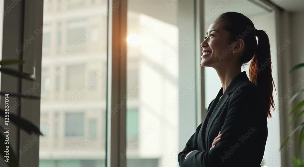 Happy Asian business woman standing in an office smiling Happy Asian business woman standing in an office smiling