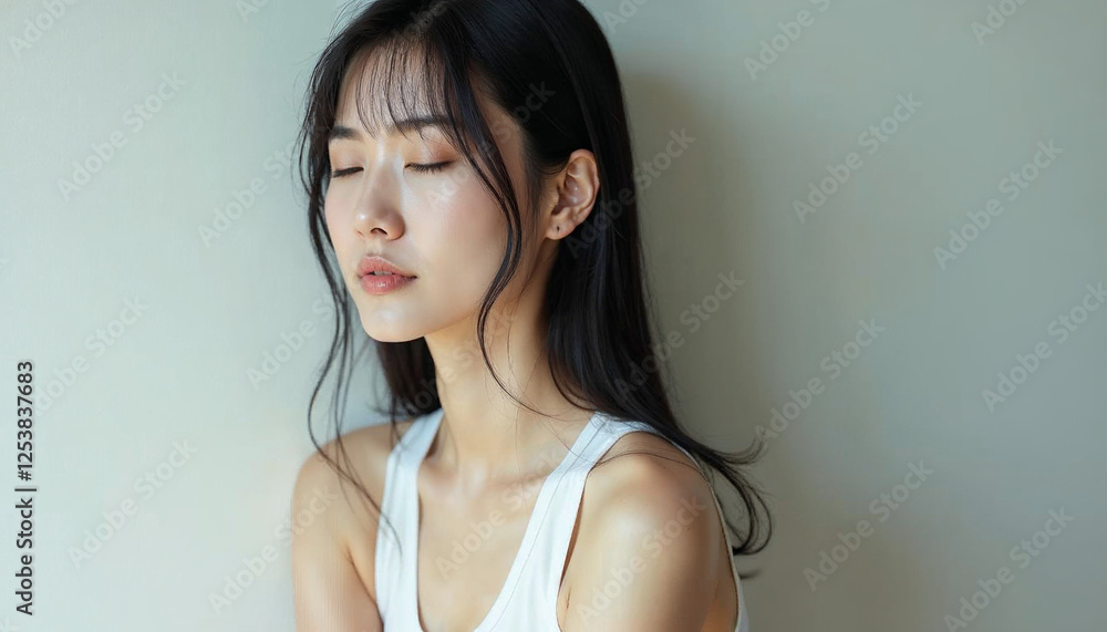 beautiful asian woman with eyes closed, side view, wearing tank top, beauty and woman, clean background. beautiful asian woman with eyes closed, side view, wearing tank top, beauty and woman, clean background.
