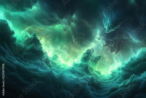 Mystical Abstract Backdrop with Ethereal Green and Blue Smoke Swirling on a Dark Isolated Surface