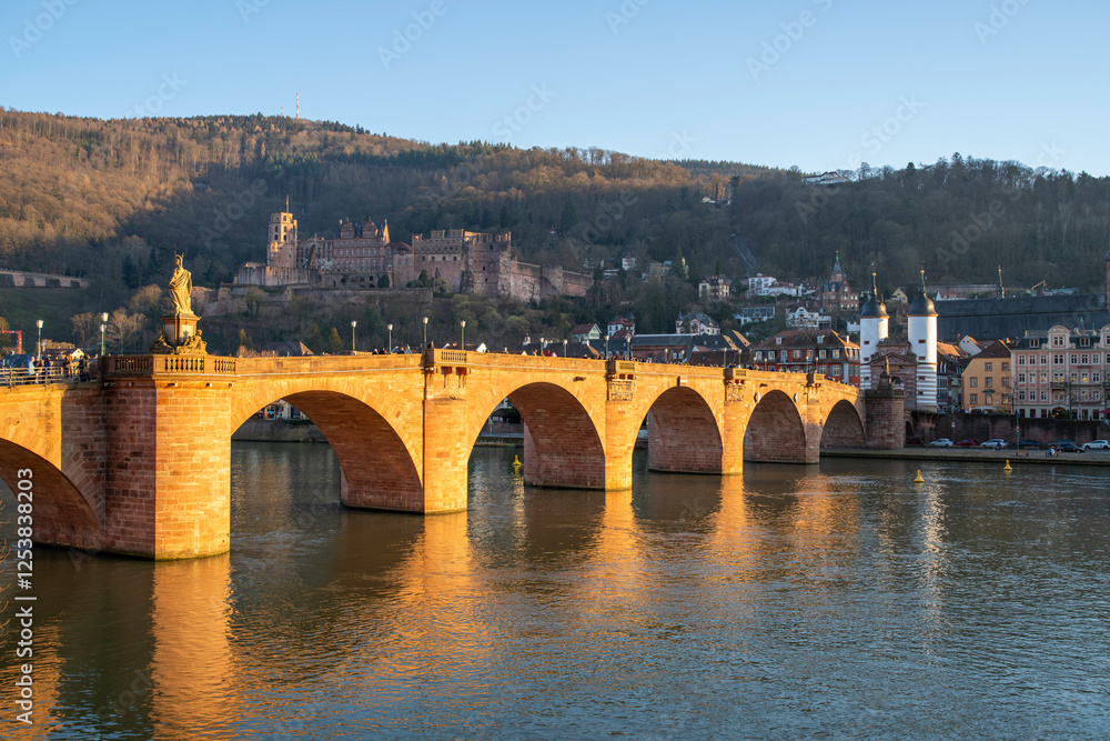 Fototapeta premium Heidelberg: Romantic city on the Neckar River, famous for its castle, historic old town, Germany’s oldest university, and picturesque scenery between the Neckar Valley and the Odenwald Forest