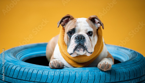 bulldog sporting scarf mendacity among tires on blue and yellow heritage searching adore it s geared up for a workout photo