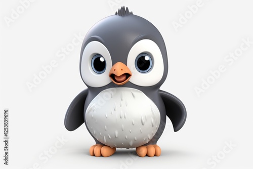 3d rendered baby penguin standing on white background, smiling cheerfully with forward gaze, embodying playful cuteness of arctic wildlife