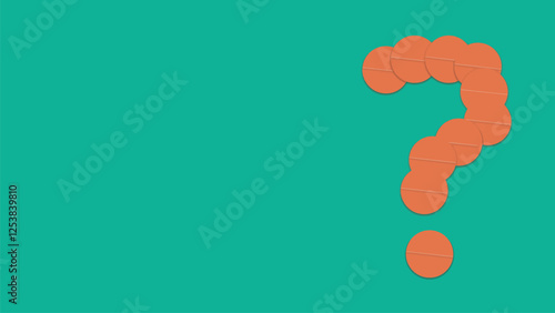 A question mark from laid out of medicine pills on turquoise background. Question mark tablet medicine for uncertain problems in drug selection and use. Medical pills with question marks.