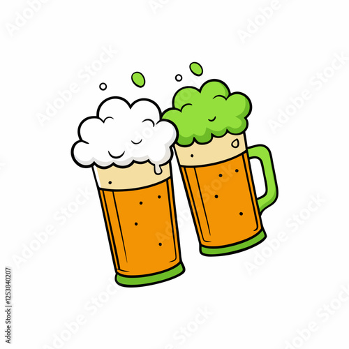 Illustration for traditional St. Patricks Day. Highly detailed i. Transparent glasses of beer with foam and a splash effect. Highly realistic illustration for St with a white background