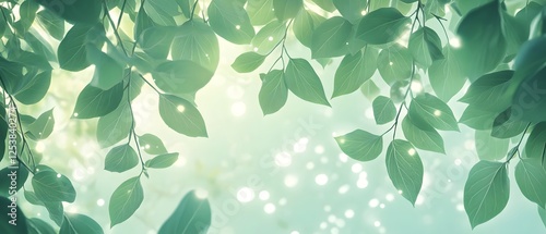 Soft green leaves blending into a glowing summer sky softly illuminated by scattered natural light.