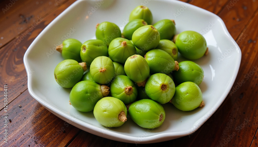 Bright green figs displayed in a ceramic dish, vibrant freshness Bright green figs displayed in a ceramic dish, vibrant freshness