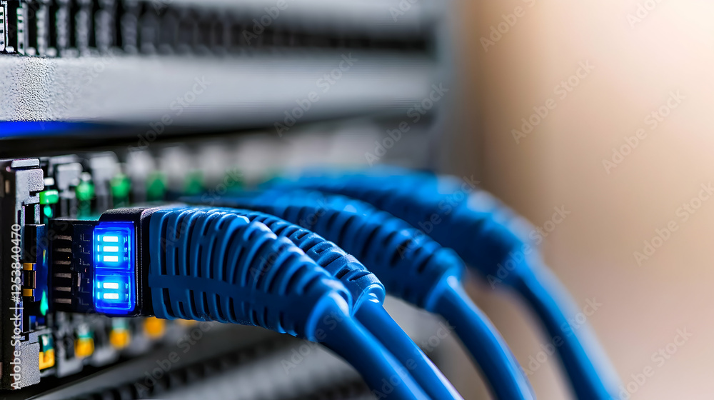 Network cables plugged into server, data center background Network cables plugged into server, data center background