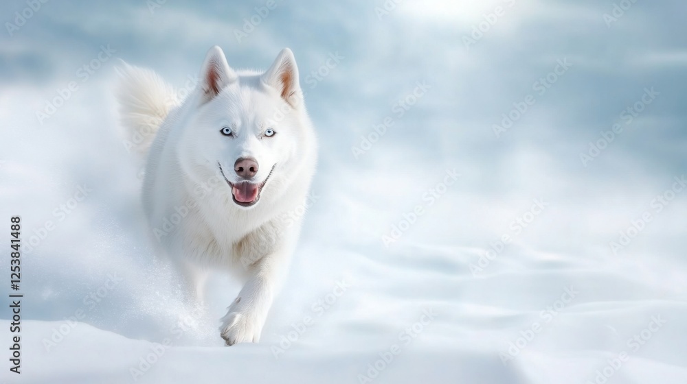 Naklejka premium A Siberian husky pulling a sled through the deep taiga, snow flying up from its paws, cinematic motion