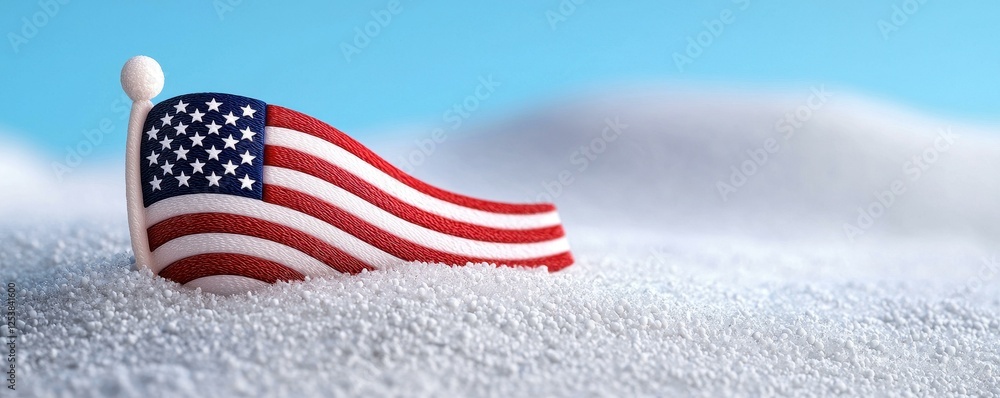 Obraz premium Waving American flag on a snowy landscape.