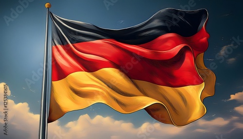 The flag of Germany on a pole blowing in the wind photo