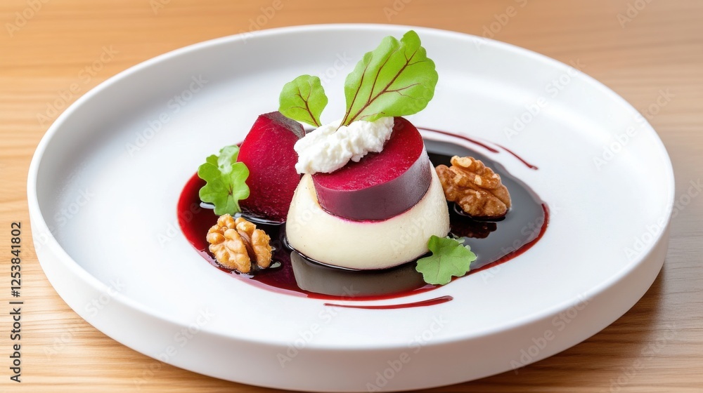 A sophisticated beetroot salad, goat cheese, candied walnuts, balsamic reduction, elegant plating A sophisticated beetroot salad, goat cheese, candied walnuts, balsamic reduction, elegant plating