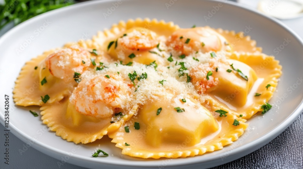 A sophisticated lobster ravioli, creamy sauce, parmesan shavings, artful presentation A sophisticated lobster ravioli, creamy sauce, parmesan shavings, artful presentation