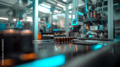 Wallpaper Mural Automated robotic arm assembling batteries in a modern factory with advanced machinery in background Torontodigital.ca