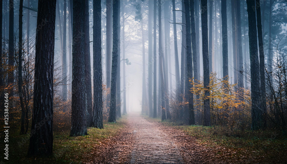 Obraz premium mysterious darkish foggy autumn forest pathway among excessive trees at fading forest