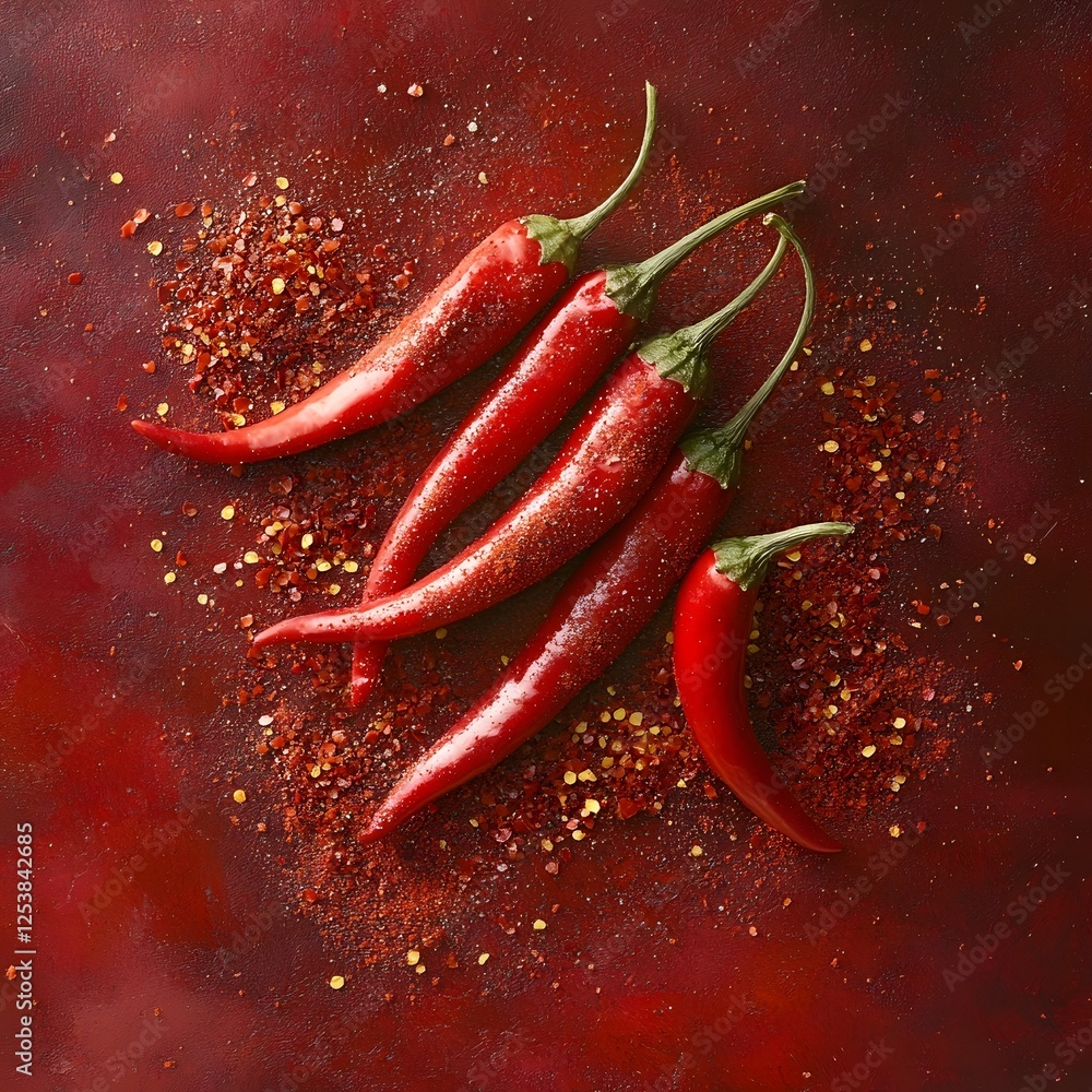 Fiery Red Chili Peppers and Crushed Red Pepper on a Rich Guinda Background Fiery Red Chili Peppers and Crushed Red Pepper on a Rich Guinda Background