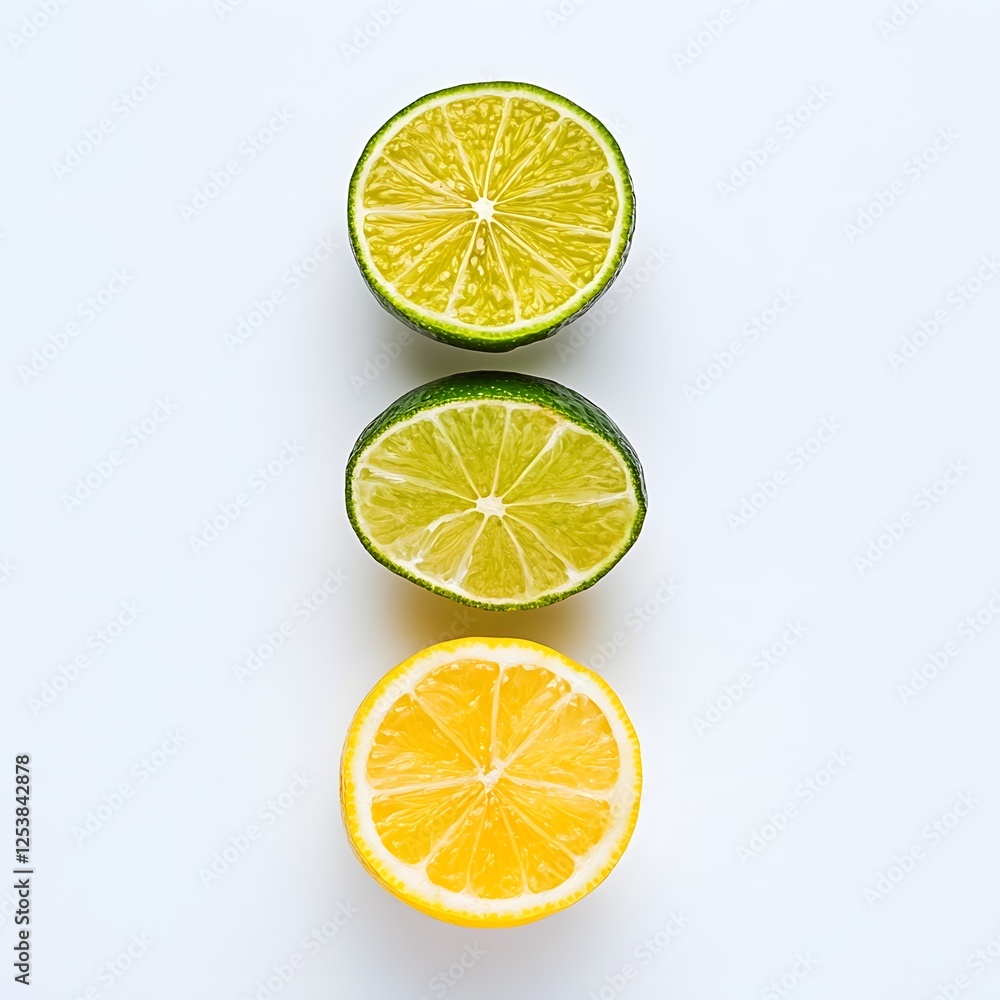 Delicious Citrus Slices Lemon and Lime Halves on Minimalist White Background Delicious Citrus Slices Lemon and Lime Halves on Minimalist White Background